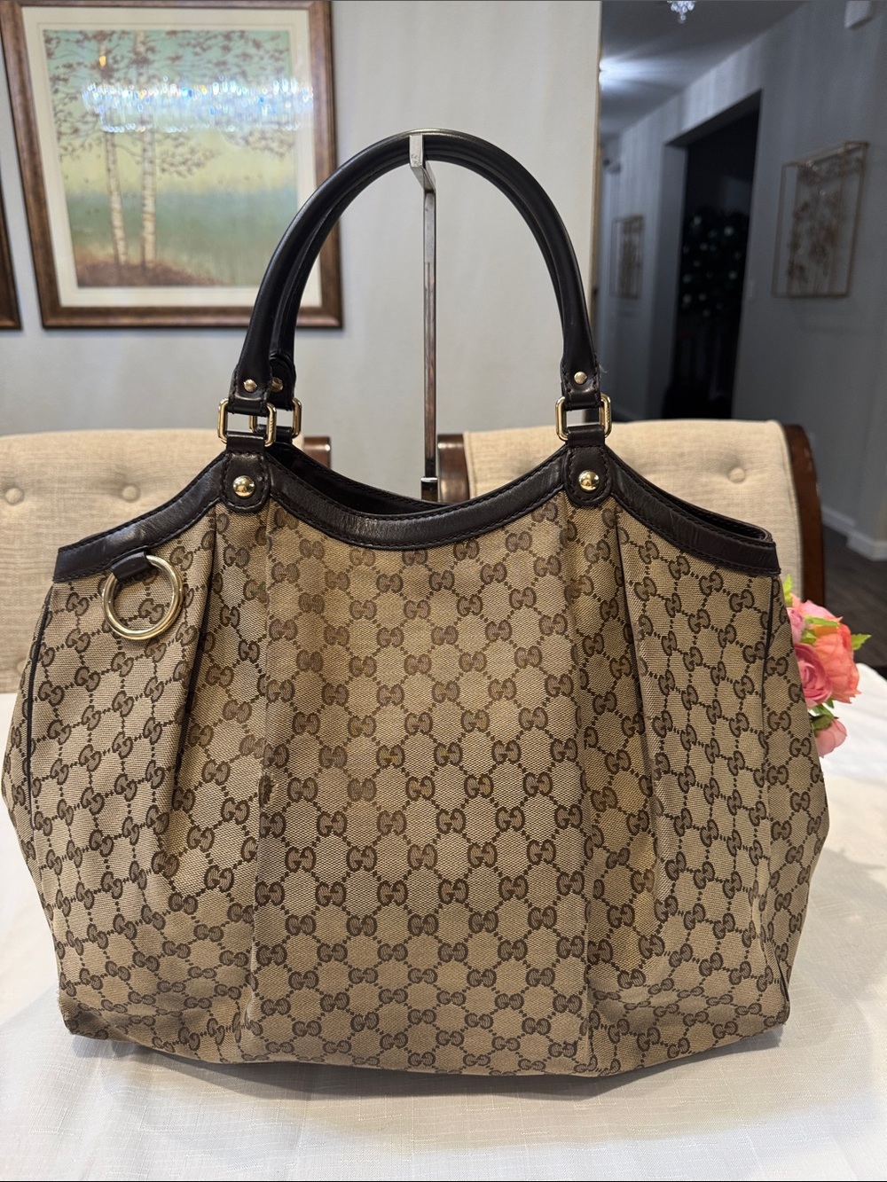 Authentic Gucci Beige and Brown GG Canvas Sukie Bag